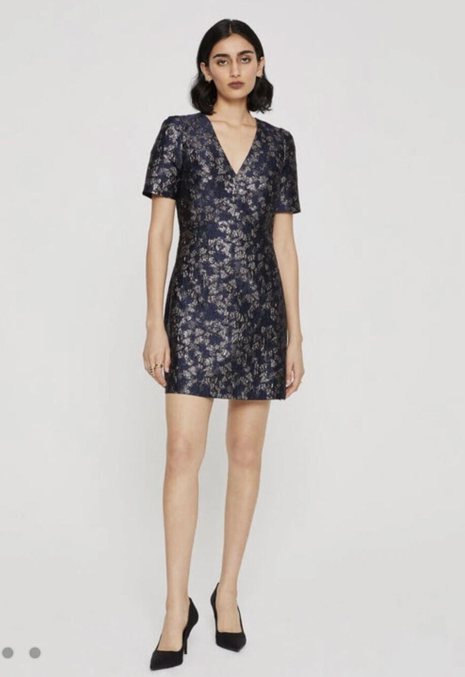 Club Monaco Womens 8 Blue Gold Jacquard Mini Dress Luxury Cocktail